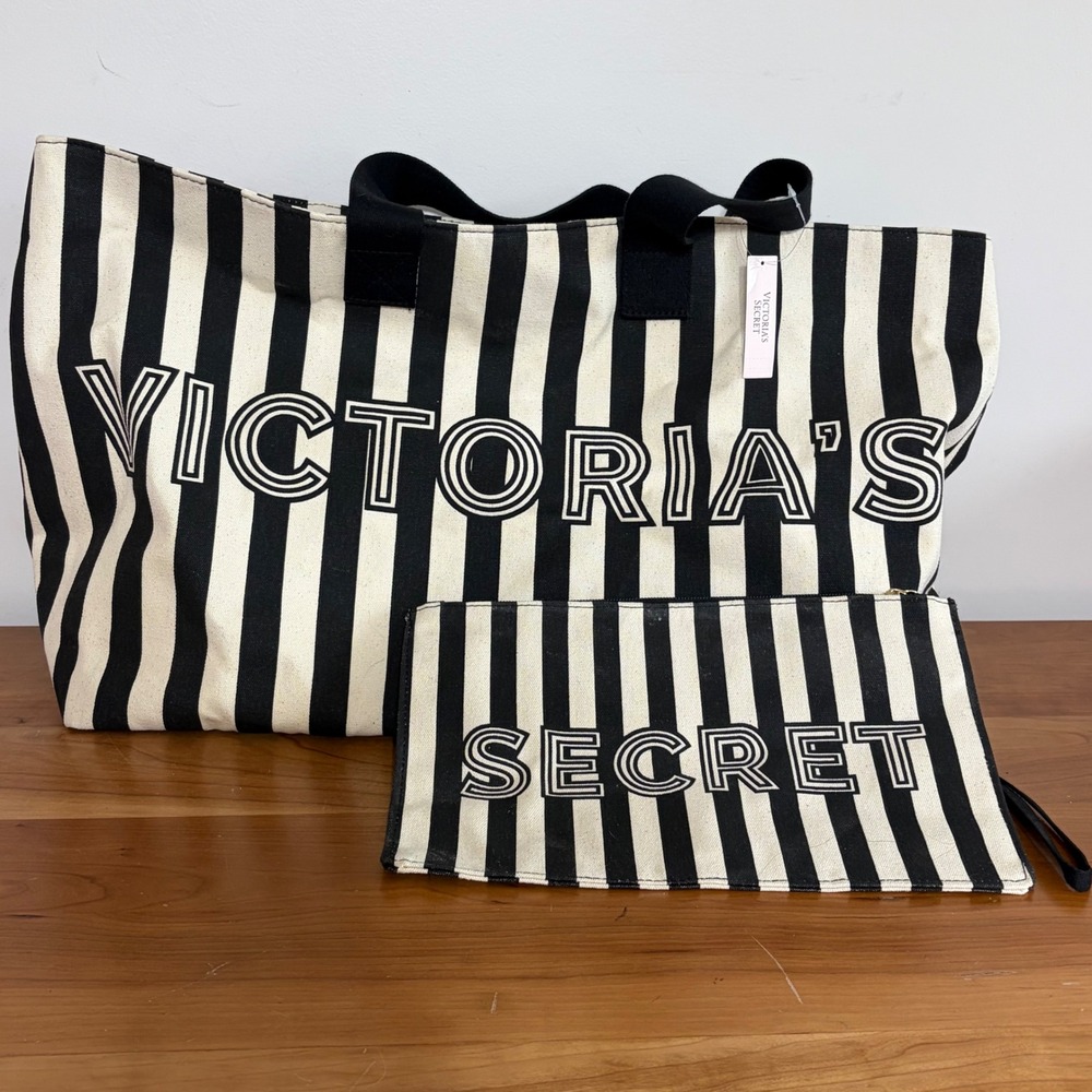 Victoria's Secret Striped Canvas Tote Bag and Pouch Set Black White Stripes